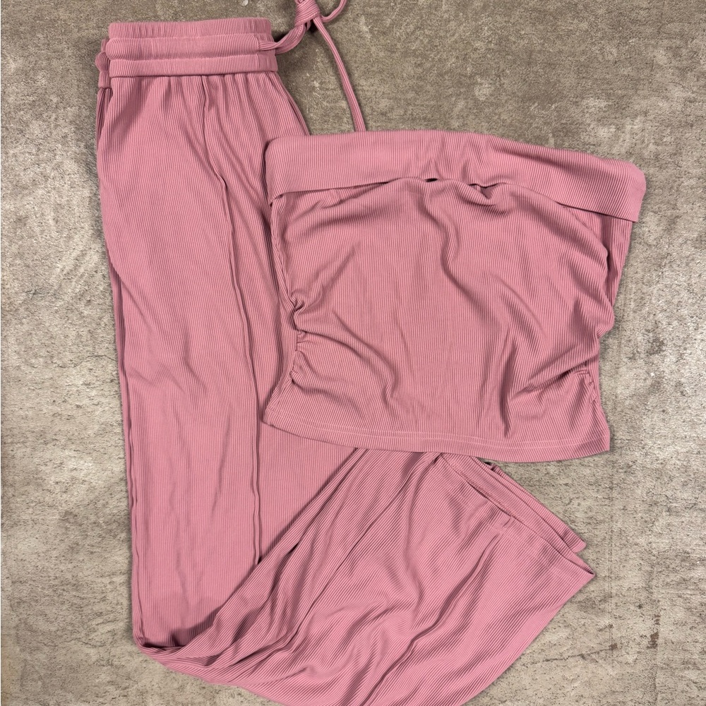 Women’s Two-Piece Ribbed Tube Top and Wide-Leg Pant Set - Pink